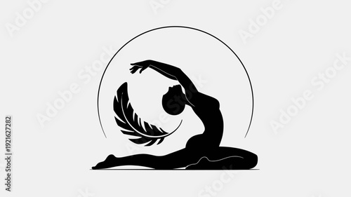 Tranquil Serenity Silhouette: A graceful silhouette captures a moment of zen, a woman in a yoga pose gracefully arching her back, a delicate feather beside her.
