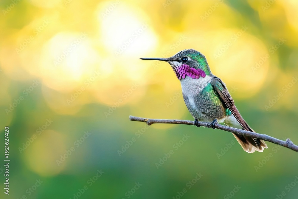 Obraz premium iridescent green hummingbird with pink throat perched on thin branch against golden bokeh background, peaceful and watchful
