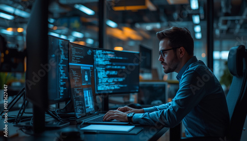 A focused software developer working on code in a modern office with multiple monitors