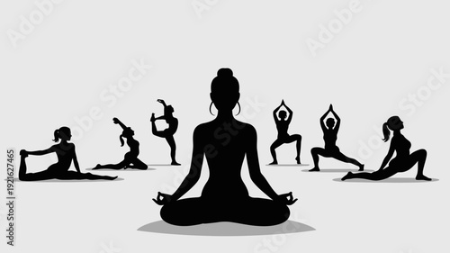 Harmony in Motion: A group of silhouettes practice yoga poses, exuding a sense of tranquility and inner peace. The central figure sits in meditation, symbolizing focus and balance.