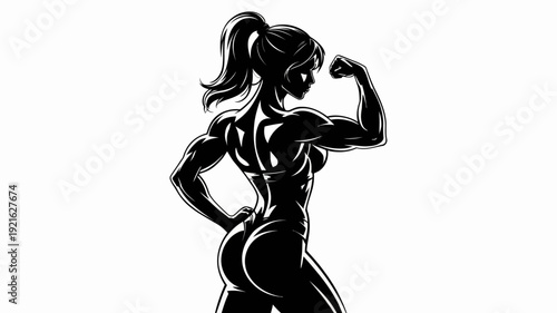 Strength and Silhouette: A powerful silhouette of a muscular female bodybuilder flexes their bicep, showcasing strength and determination. Capturing an essence of empowerment, resilience.