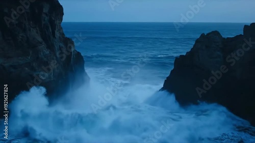 Dramatic sea stack silhouetted against blue-hour sky Medium shot, highlighting the unique geological formation with waves breaking around its base, clean background.