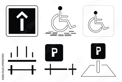 Collection of road and parking signs with accessibility symbols