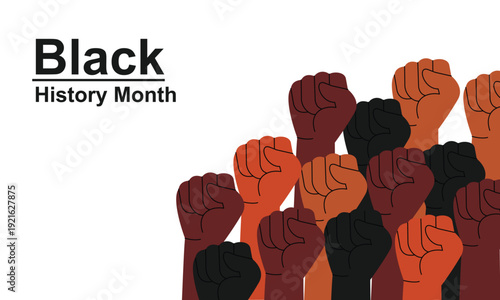 Powerful Black History Month horizontal banner featuring a diverse crowd of raised fists in various skin tones symbolizing unity and strength.