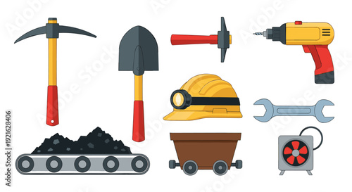 Mining and construction industry tools equipment flat design illustration