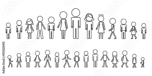 A group of diverse stick people standing in two rows on a white background