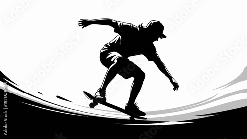 Skateboarder Silhouette: Capturing the dynamic energy and fluidity of movement, a skateboarder's silhouette glides across a textured, energetic backdrop.