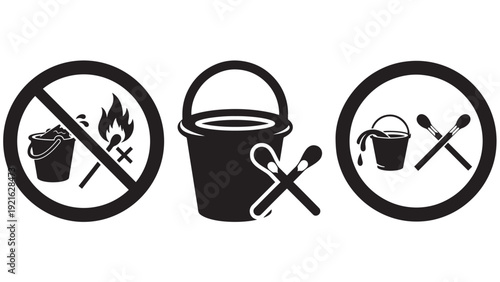 Forest Fire Prevention Sign With Water Bucket And Crossed Matchstick Icon, Black Solid Vector Warning For Wildfire Safety And Fire Risk Reduction