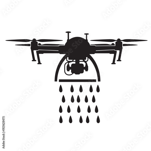 Reforestation Drone Dropping Seed Pods In Grid Pattern, Black Solid Vector Illustration For Aerial Seeding And Ecological Restoration