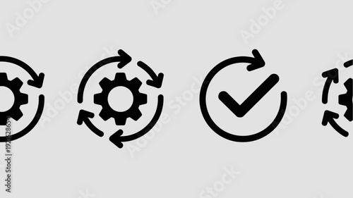 Workflow Process Icons: An array of streamlined icons representing the various stages of a seamless workflow, designed for digital or print applications, signifying efficiency, progress.