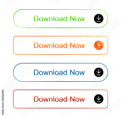 Modern Outline Web Button Set with Colorful Gradients, "Download Now" Call to Action Buttons for UI/UX Design, Website Interface, Software Apps, Landing Pages, Marketing Banners.