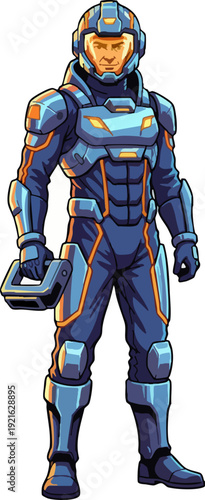 Futuristic Pilot in Advanced Blue Armored Suit Holding Device