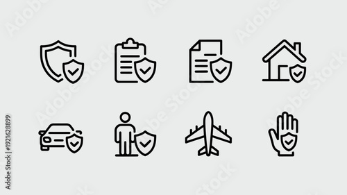Iconic Assurance: A collection of meticulously crafted icons symbolizing a range of insurance concepts, from home and auto to personal and travel, all conveying a sense of security.