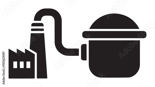 Industrial Carbon Capture Process Icon With Chimney, Capture Funnel And Storage Cylinder, Black Solid Vector For Emission Control And Carbon Management