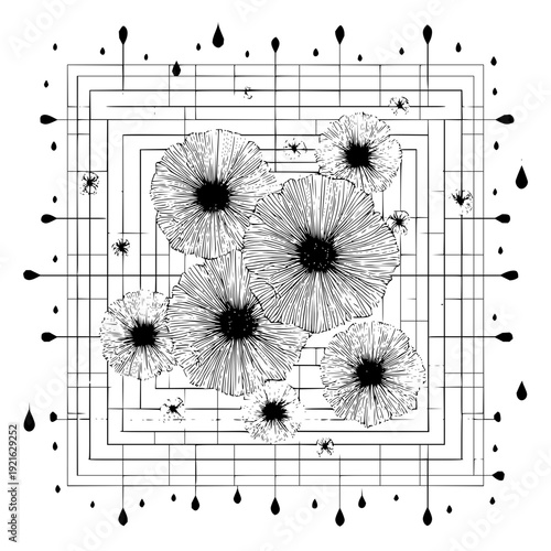 Black and white floral pattern with grid lines and ink drops flower design abstract art graphic illustration