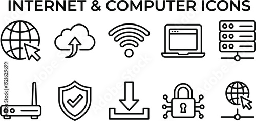 Internet and computer icons set for digital technology