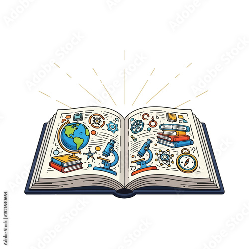 Cartoon illustration of an open book with educational icons and a dragon on the pages against a clean white background.