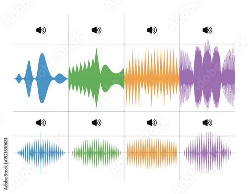 Colorful sound wave frequency spectrum and digital equalizer visualization with volume level icons