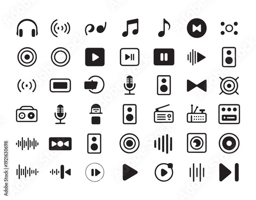 Large set of multimedia entertainment icons including music notes speakers microphones and controls