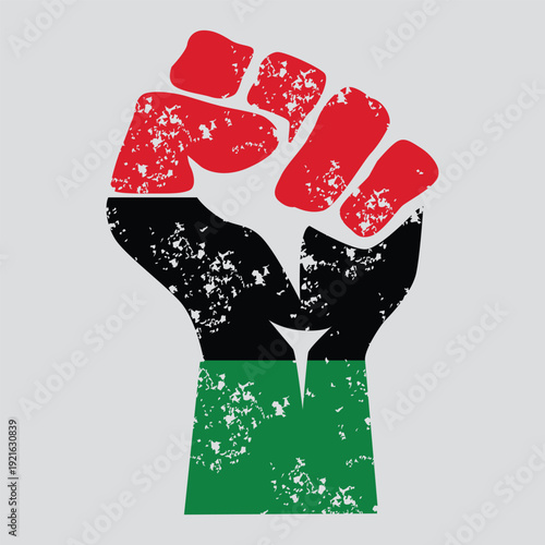 Powerful distressed-style raised fist illustration featuring the Pan-African flag colors of red, black, and green.