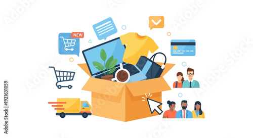E-commerce Online Shopping & Delivery Concept: Digital Retail Experience with Product Box, Payment, Customers, and Logistics Services
