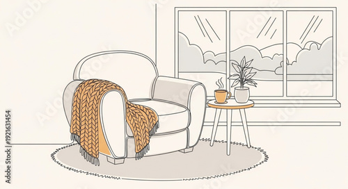 Cozy armchair with blanket and side table near window.