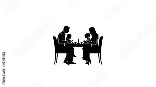 Silhouette of a Happy Family Having Dinner Together on White Background