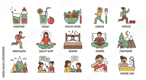 Set of daily healthy lifestyle and self-care routine icons