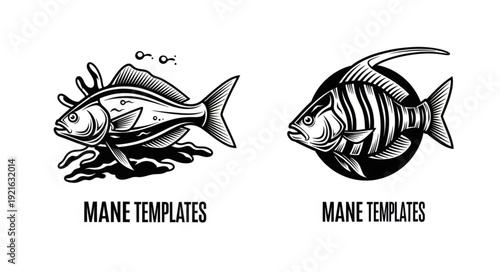 Two Vintage Fish Illustrations with Decorative Elements.