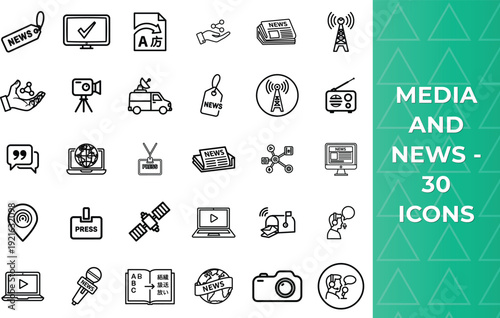 press media news icons bundle stroke modern broadcast communication ui kit vector graphic sign symbol