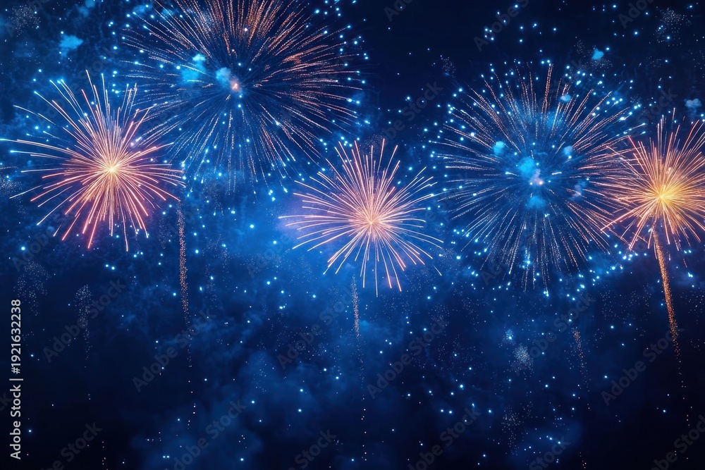 Fototapeta premium vibrant blue night sky filled with golden and blue fireworks bursts, sparkling sparks and smoky trails evoking awe and festive celebration