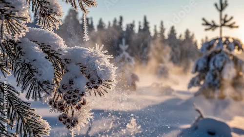 of frosty evergreen branch with berries in sunlit winter forest