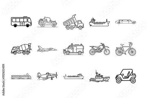 Specialized Industrial Trucks Marine Vessels and Emergency Vehicle Line Art Icons Including Cargo Ships Cement Mixers Aircraft and Recreational Transport