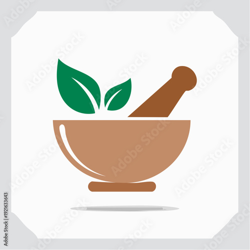 Mortar and Pestle Icon with Fresh Herbs for Natural Medicine and Wellness