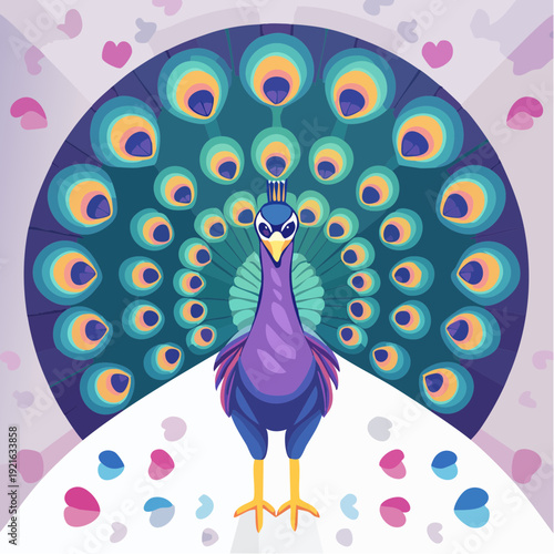 Colorful Peacock Bird With Fanned Tail and Heart Shapes