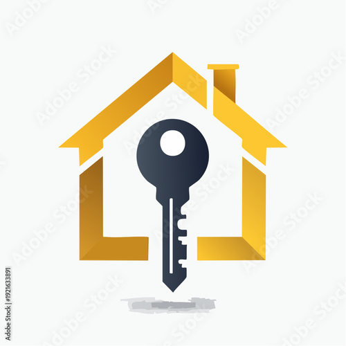 Real Estate House Key Logo Design with Golden House Outline