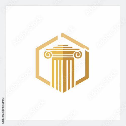 Golden Classical Column Icon in Hexagon Symbol of Law and Strong Foundations