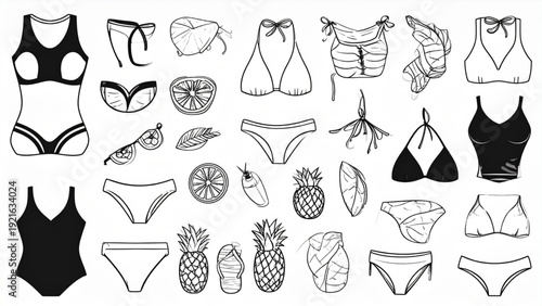 Black and White Women Swimwear Collection – One-Piece and Bikini Flat Vector Set