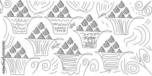 A black and white sketch of multiple triangular shaped objects