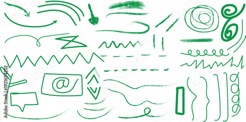 Collection of green hand drawn doodles and scribbles on white background