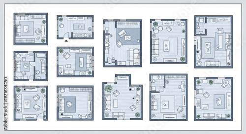 Collection of detailed floor plan layouts for residential apartments.