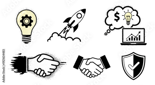 Business and technology icons representing ideas growth and partnership.