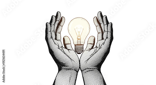Hands cradling a glowing lightbulb symbolizing ideas and innovation in a creative concept.