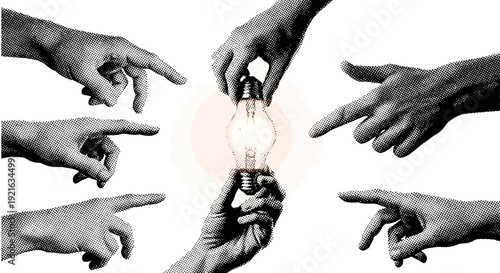 Hands reaching for a glowing lightbulb representing ideas and innovation.