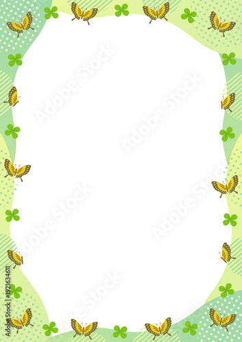 蝶とクローバーと幾何学模様と波の縦型のフレーム_ 緑