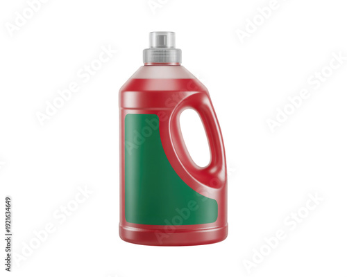 A red and green laundry detergent bottle with a pump dispenser isolated on transparent background