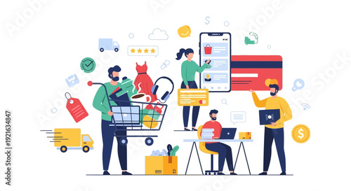 E-commerce & Online Shopping Concept Illustration: Digital Retail, Mobile Commerce, Secure Payments & Global Delivery Services