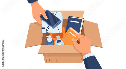 Hands Packing Personal Items and Books into Cardboard Box - Moving, Donation, or Delivery Concept Illustration