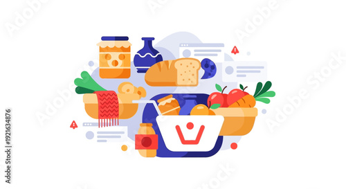 Online Grocery Shopping & Food Delivery Illustration with Fresh Produce, Baked Goods, and Essential Items
