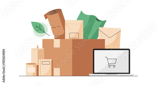 Online Shopping & Delivery: E-commerce Concept with Sustainable Packaging, Gifts, and Laptop Illustration